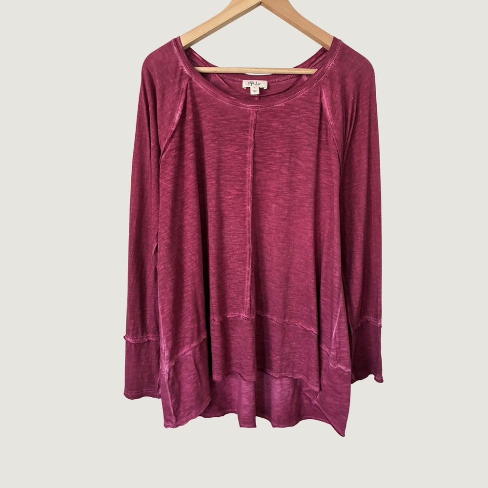 Style & Co Womens Berry Pink Slub Knit Long Sleeve Tunic Top L Seam Detail‎ boho